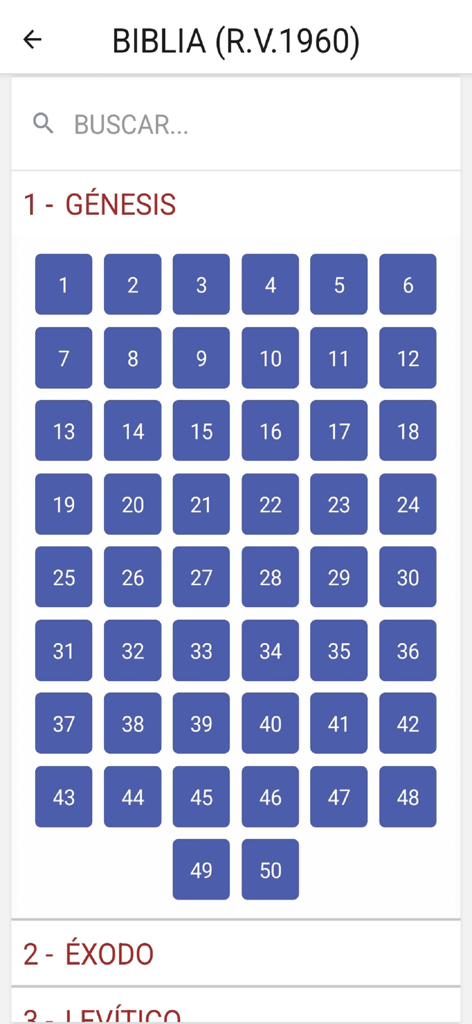 IGLESIA DE CRISTO HIMNARIO - Bible app interface showing a grid of chapters for the book of Genesis