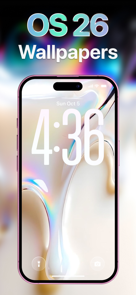 Wallio - Live Wallpapers - Wallio 앱의 액체 유리 미학 라이브 배경화면을 특징으로 하는 아이폰 잠금 화면.