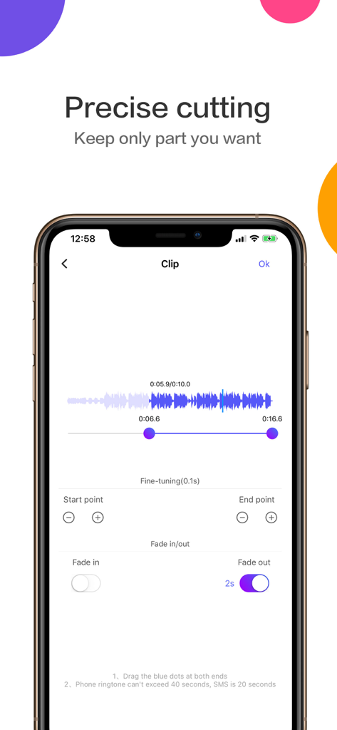 Interface of the ringtone maker app showing precise audio cutting and fade settings for custom iPhone ringtones.