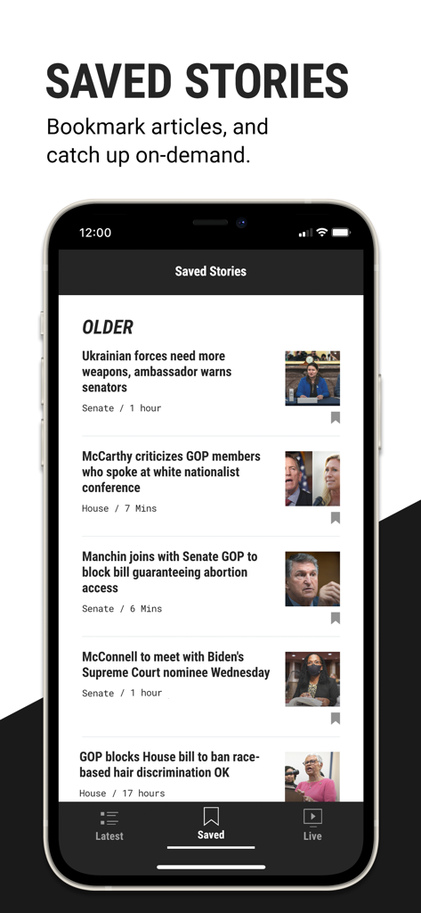 The Hill - Screenshot der Funktion 'Gespeicherte Artikel' in der Hill-App, der mit Lesezeichen versehene Artikel zu politischen Nachrichten anzeigt