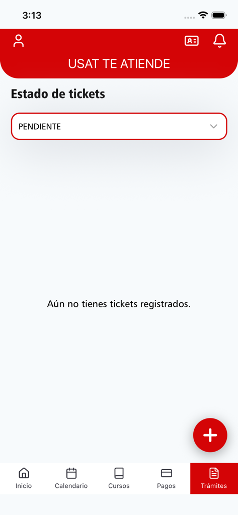 Aplicación Móvil USAT - USAT mobile app screen showing student ticket status for administrative procedures