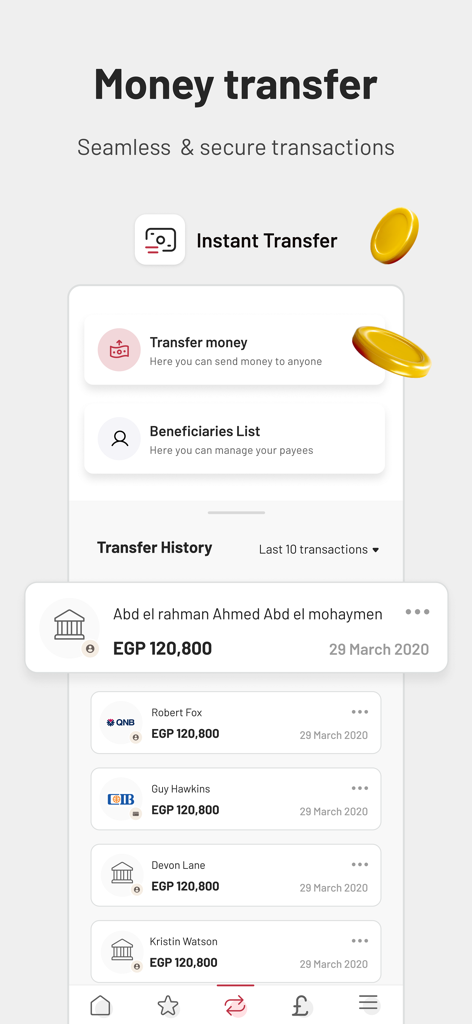 BM Online - BM Online Mobile App Bildschirm für Geldüberweisungen mit Optionen für sofortige Überweisungen und Transaktionsverlauf in EGP