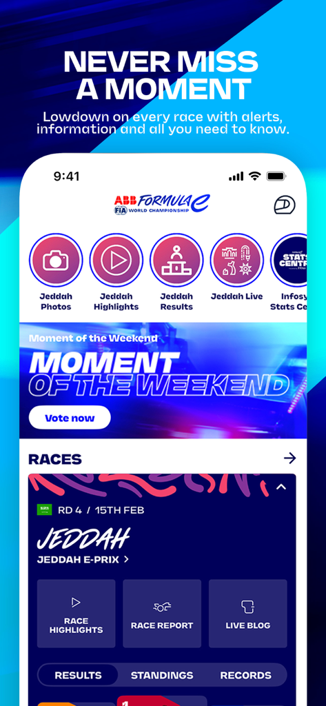 Mobile interface of the Formula E app featuring race highlights live updates and voting for the moment of the weekend