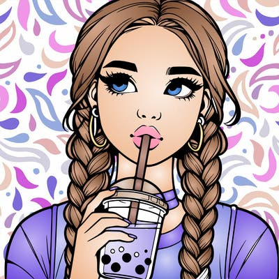 realistic girl with braided hair drinking boba