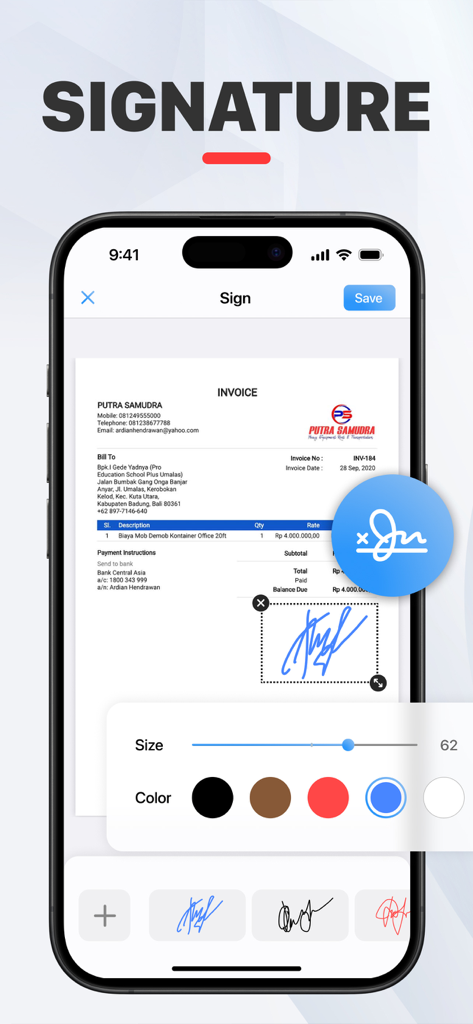 PDF Converter Image to PDF - Interface de um aplicativo móvel mostrando uma assinatura digital sendo adicionada e personalizada em uma fatura PDF.