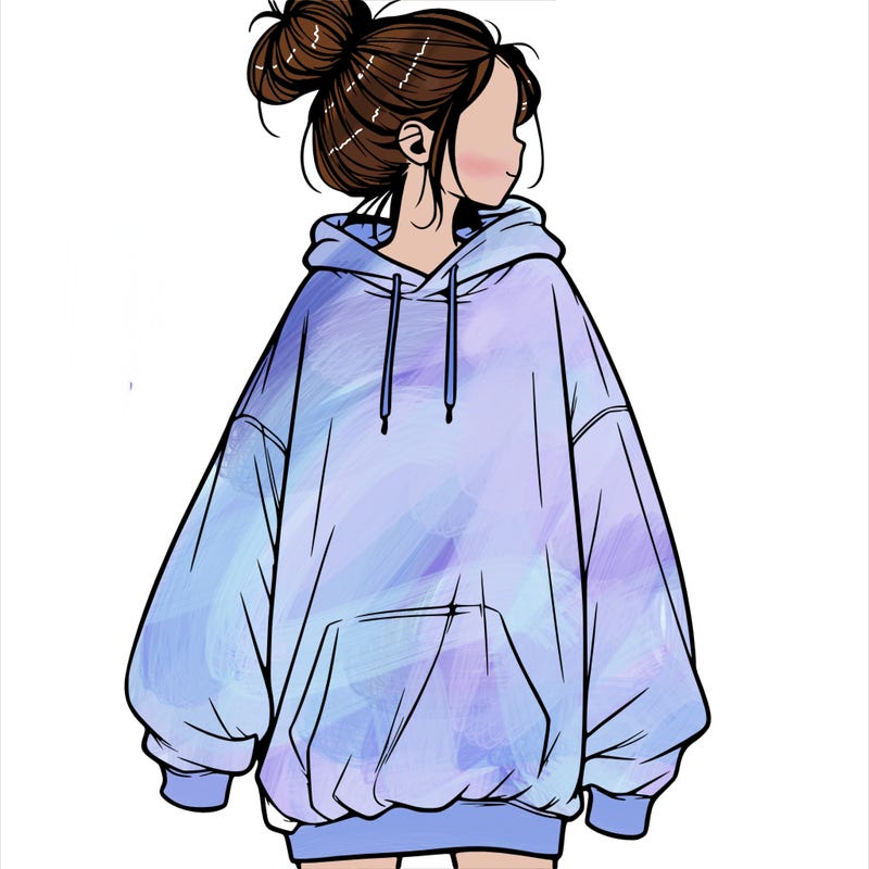 realistic girl with a oversized sweatshirt on and a bun