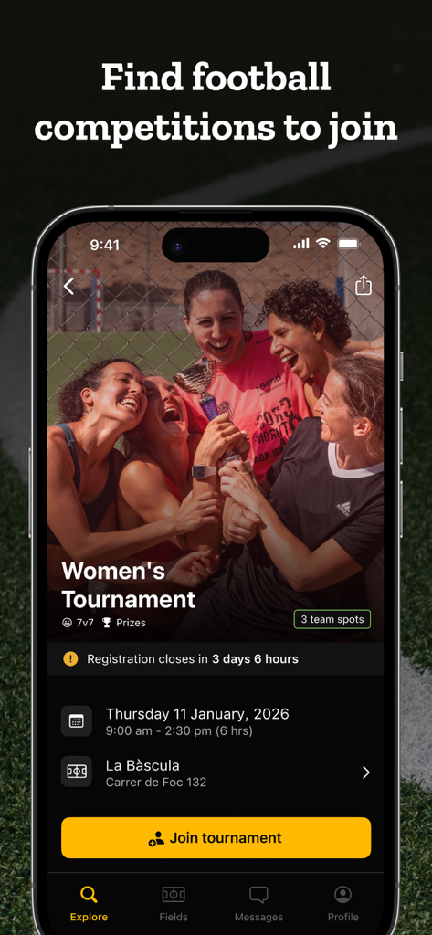 CeleBreak app screen showing a womens soccer tournament with registration details and a join button