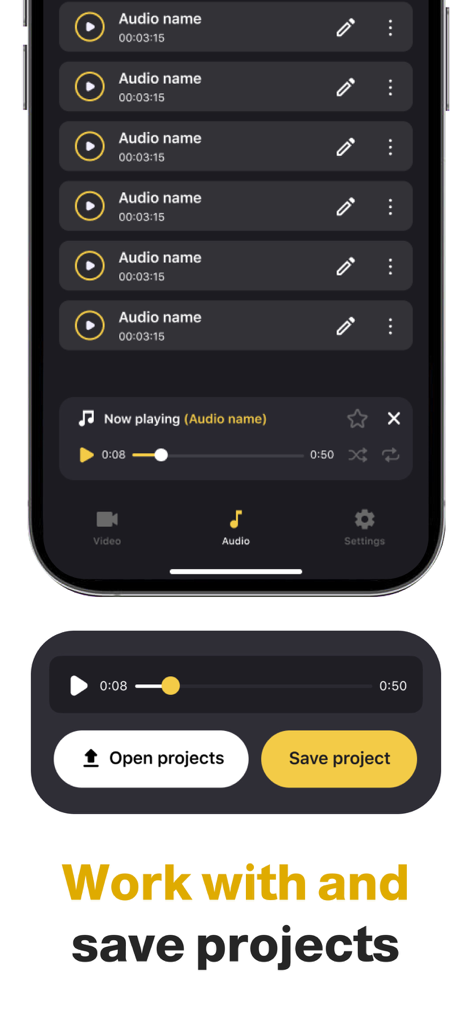 Music Speed Changer-Transpose - Mobile app interface for managing and saving music projects