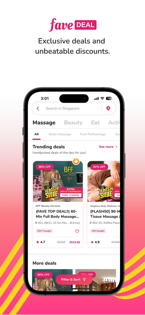 A mobile screen from the Fave app displaying trending massage deals with high discounts and flash sales in Singapore.