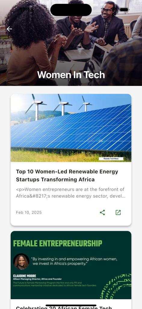 Uno schermo dall'app Rwanda Tech News che presenta articoli su startup guidate da donne e imprenditorialità femminile in Africa.