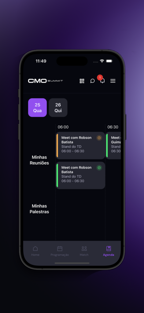 CMO Summit - Un horario de eventos personalizado y una lista de reuniones que se muestran en la pantalla de agenda de la aplicación CMO Summit