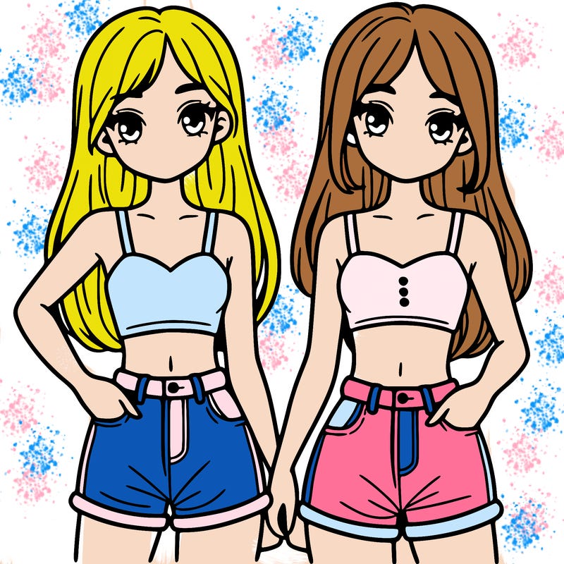 two sisters with crop tops and jean shorts and straight hair
