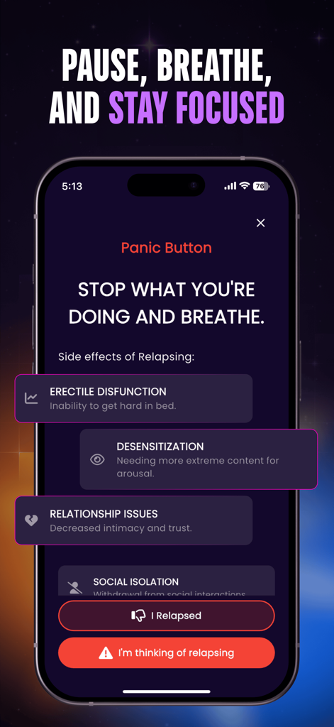 HoldX - Stop Porn Forever - HoldX app panic button screen showing reminders of relapse side effects and breathing prompts for recovery