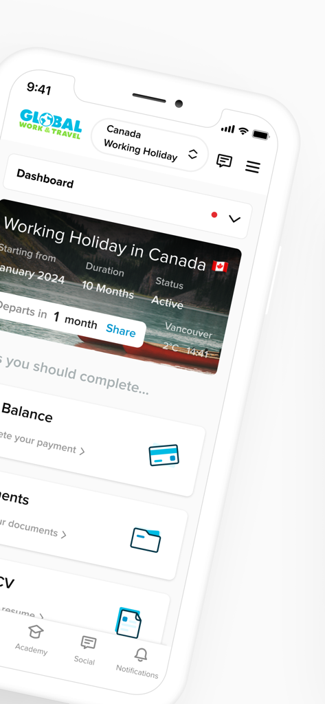 Global Work & Travel - Panel de la app Global Work and Travel que muestra un viaje de working holiday a Canadá con detalles de viaje y gestión de documentos.
