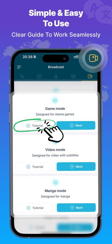 Screen Translator app interface showing game video and manga translation modes with a tutorial guide