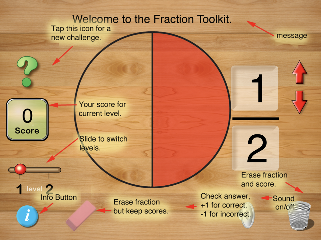 Guia de interface para o aplicativo Fraction Toolkit mostrando visualização de frações e ferramentas de rastreamento de desempenho do aluno