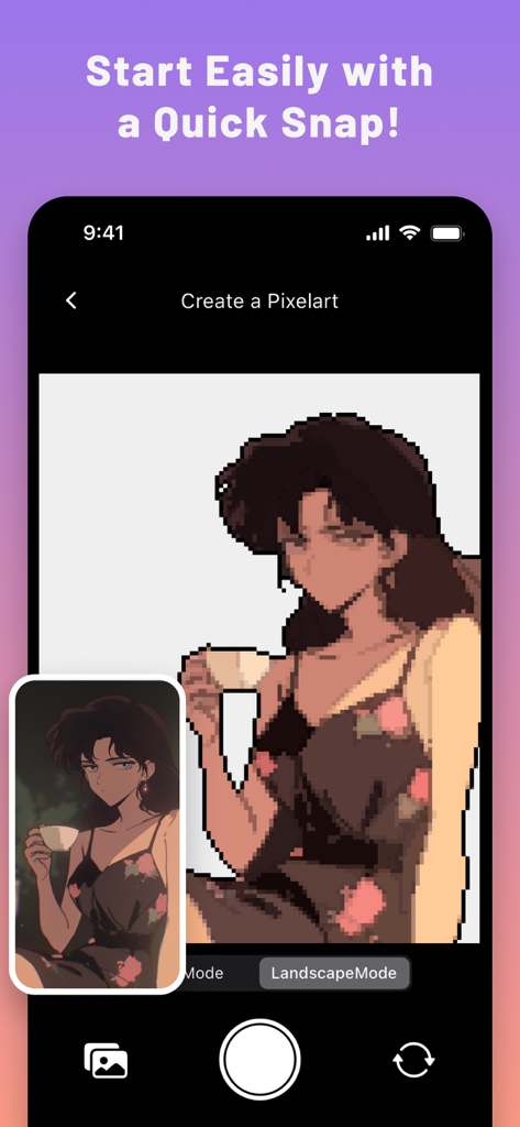 Interface de l'application PixelMe montrant un portrait d'anime converti en art pixel 8 bits