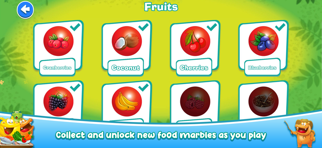 A collection screen in the Hungry Hungry Hippos app showing unlocked fruit food marbles including cranberries and cherries