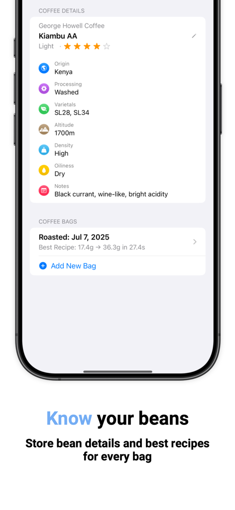 Dial In Coffee - Dial In Coffee app interface showing detailed coffee bean profiles and brewing recipes.