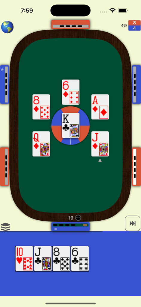 Super 28 - Super 28 card game screen showing a six player match on a digital green table