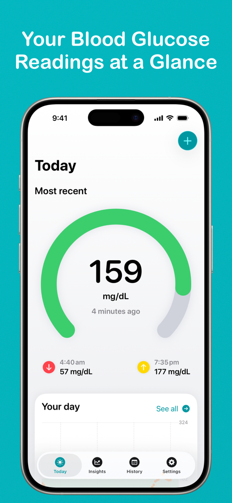 Glucomate: Glucose Tracker - Glucomate app dashboard showing blood glucose readings and daily summary