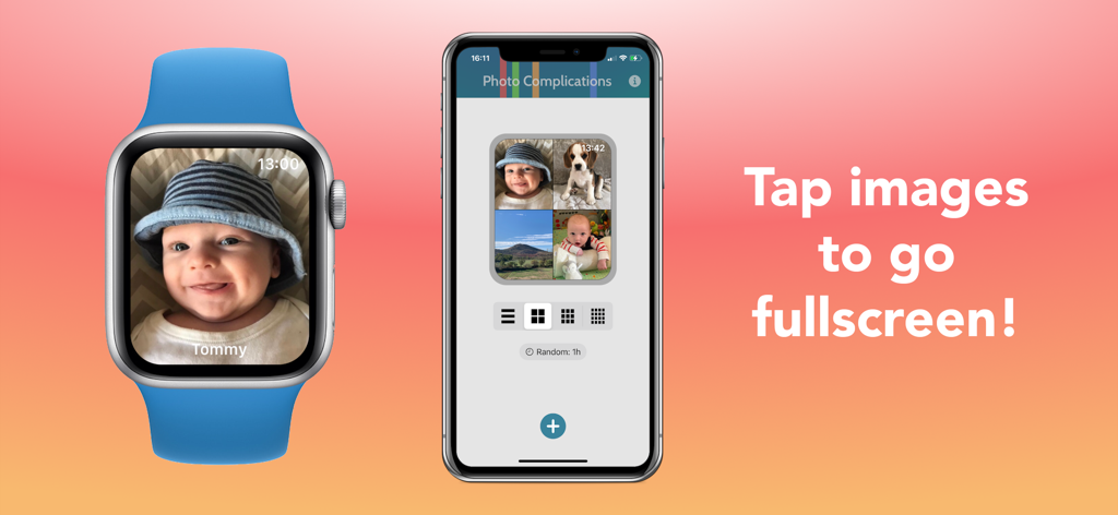 Photo Complications - An iPhone and Apple Watch showcasing the Photo Complications app with personal baby photos on the display.