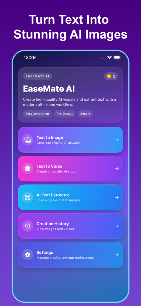 EaseMate AI:AI Video Generator - EaseMate AI mobile app home screen showing the main menu with options for Text to Image, Text to Video, and AI Text Extractor.