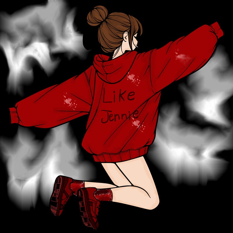 realistic girl jumping with a bun and oversized sweatshirt