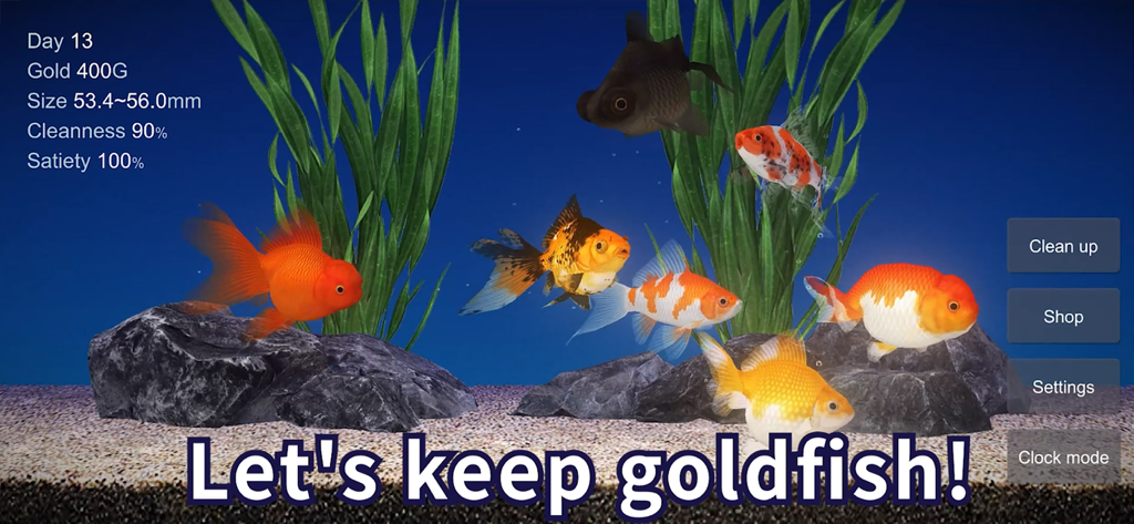 Goldfish - Aquarium Fish Tank - A group of colorful 3D goldfish swimming in a virtual aquarium with interactive menu buttons