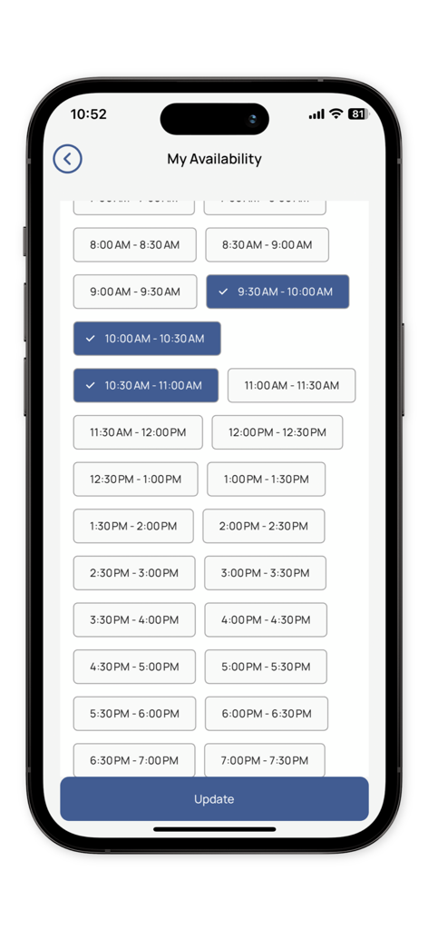 My.Doctor - Oberfläche der My.Doctor-App, die den Bildschirm Meine Verfügbarkeit mit auswählbaren Zeitfenstern zeigt, in denen Ärzte ihre Sprechzeiten festlegen können.