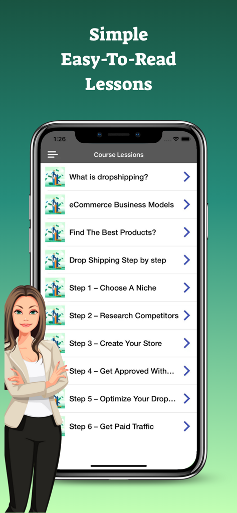 Dropshipping Full Course - Screenshot of the Dropshipping Full Course app displaying a menu of easy-to-read business lessons on a mobile screen