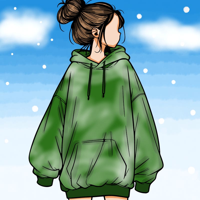 realistic girl with a oversized sweatshirt on and a bun