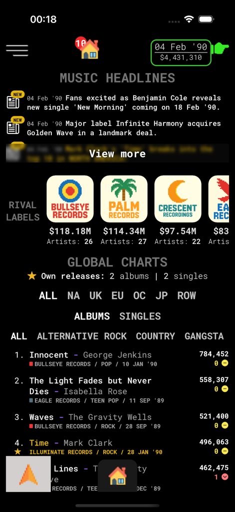 CD Market - Music Label Sim - Screenshot of the CD Market app showing global music charts, rival label stats, and industry news headlines from 1990.
