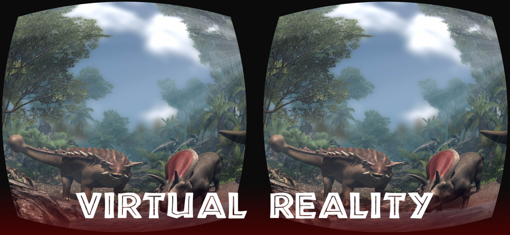 VR Jurassic - Dino Park World - Vista de realidad virtual en pantalla dividida de dinosaurios en un bosque prehistórico