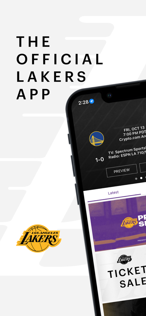 LA Lakers Official App - ロサンゼルス・レイカーズ公式モバイルアプリのインターフェース。ゲームプレビューとチケット販売が表示されています