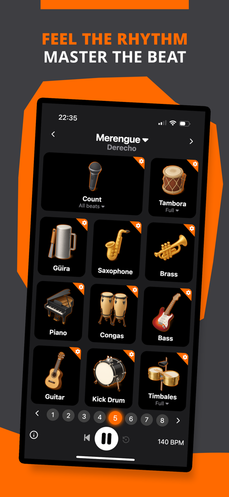 Merengue Rhythms - BeatLab - Interfaccia dell'app mobile di Merengue Rhythms BeatLab che mostra vari strumenti come tambora e guira in un mixer digitale