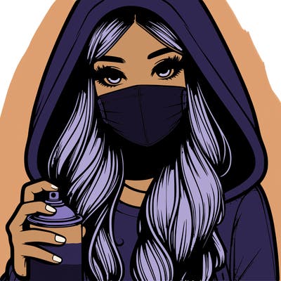 girl wearing a mask with long hair with her hood up spray-painting realistic