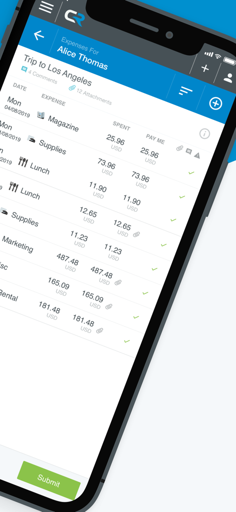 Mobile interface showing a detailed list of business trip expenses in the Chrome River app