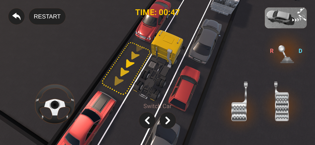 3D Car Parking Driving School - A yellow truck maneuvers into a tight parking spot in a 3D car parking simulation game with realistic controls.