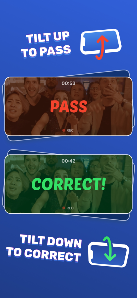 Headbands: Charades for Adults - Anweisungen für die Headbands-App, die zeigen, wie das Handy zum Passen nach oben oder zum Korrigieren der Antwort nach unten geneigt wird.
