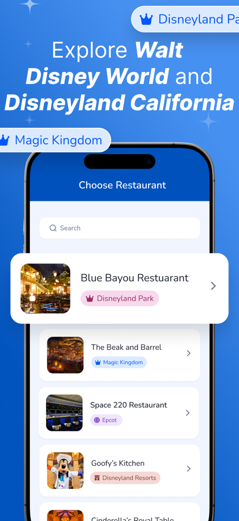 DreamTable: Mouse Watcher - DreamTable app interface showing Disney restaurant selection for reservation monitoring