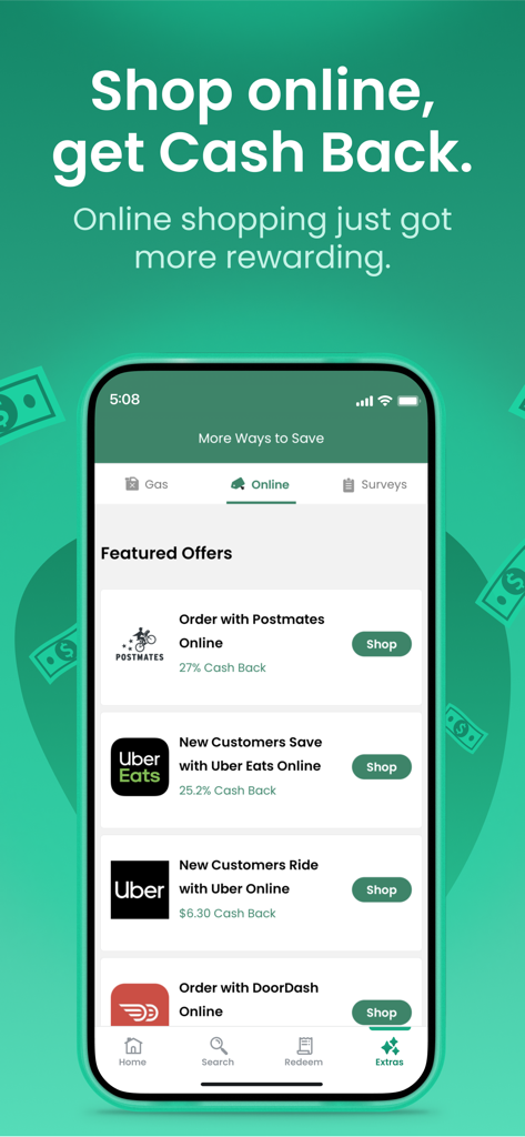 Interfaz de la aplicación Checkout 51 que muestra ofertas destacadas de reembolso en línea para Postmates, Uber Eats y DoorDash.