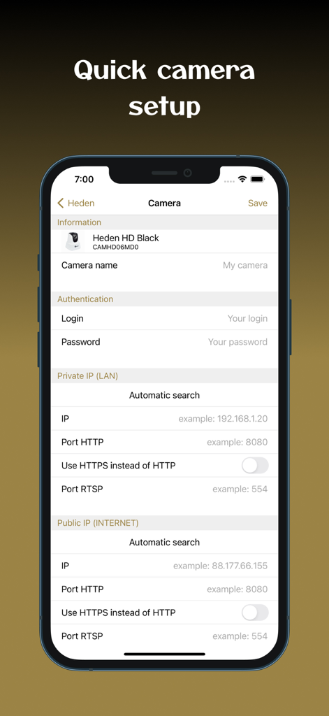 Tela de configuração de câmera do aplicativo Heden VisionCam com configurações de IP e rede
