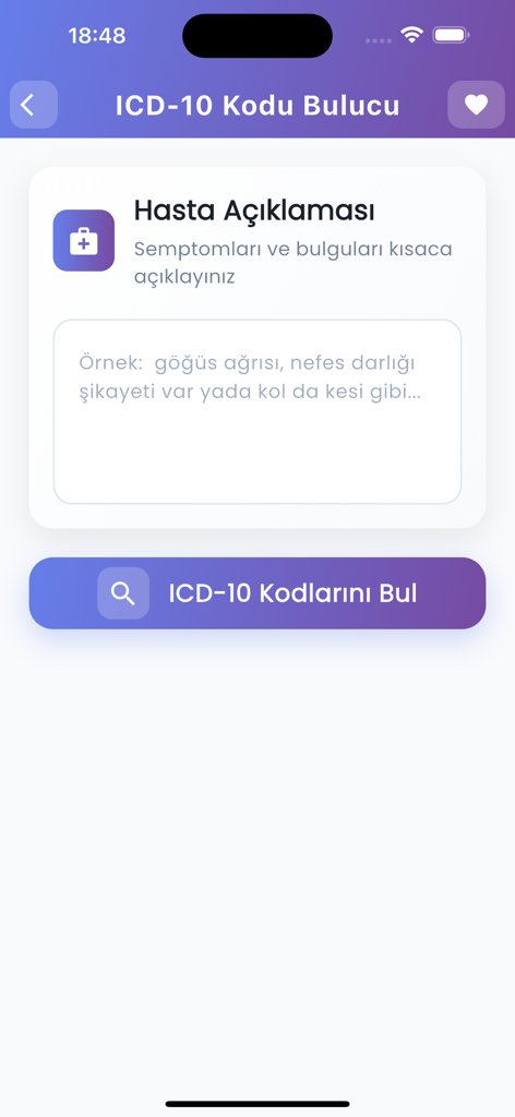 Bildschirm der mobilen Anwendung zum Finden von ICD-10-Codes basierend auf Patienten symptom beschreibungen.