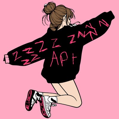 realistic girl jumping with a bun and oversized sweatshirt