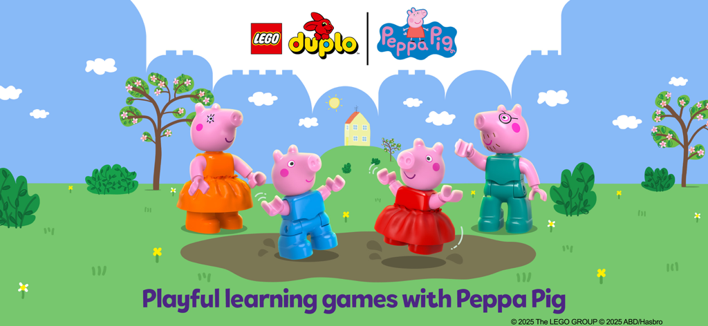 Familia de Peppa Pig como figuras de LEGO DUPLO saltando en un charco de lodo