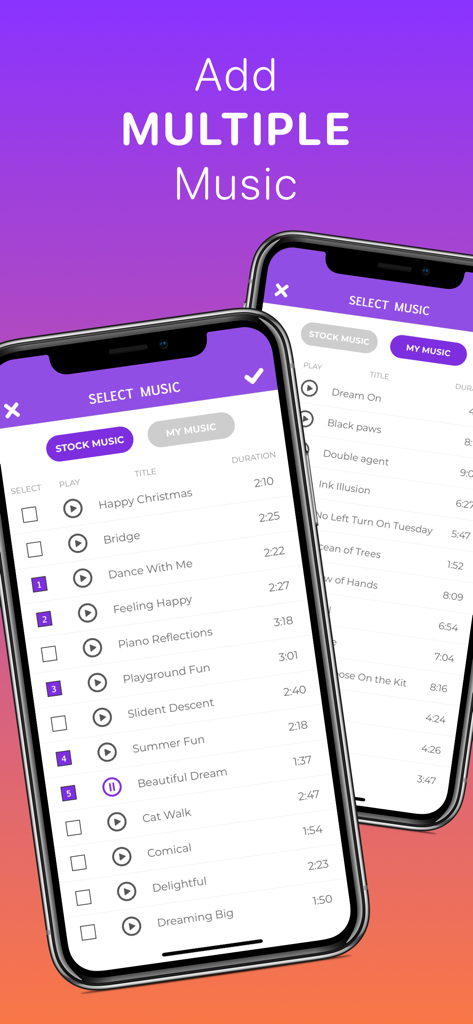 Deux téléphones mobiles affichant l'écran de sélection de musique avec des options de musique d'ambiance et de pistes personnelles