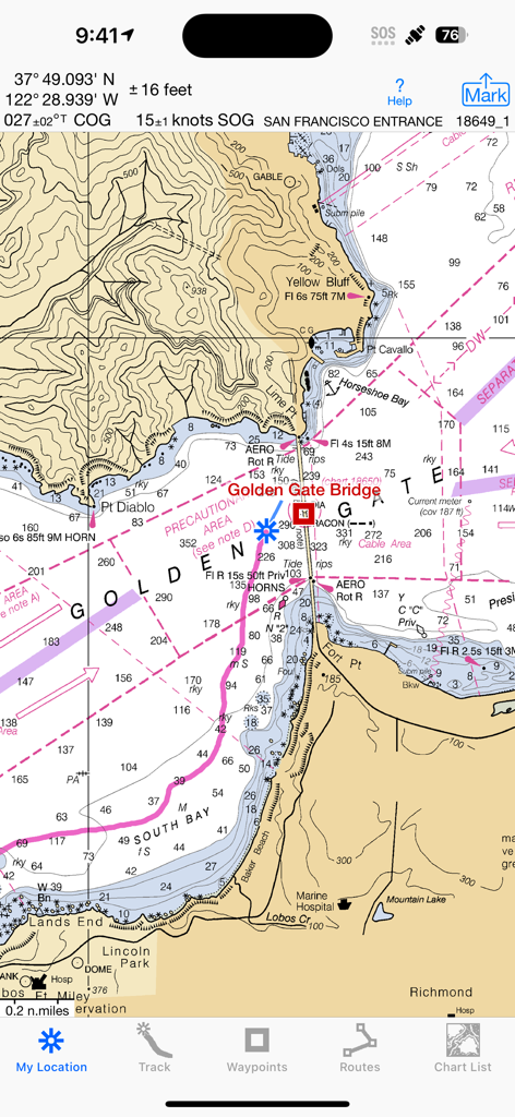 iSailGPS : NOAA USA RNC Charts - App di navigazione iSailGPS che mostra una carta nautica NOAA raster dell'ingresso di San Francisco.