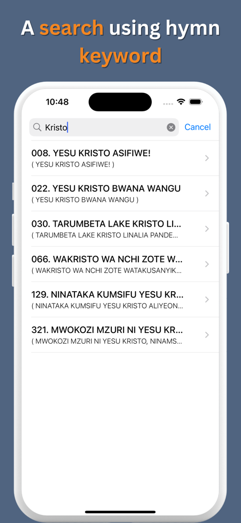Nyimbo Za Wokovu - Search screen of the Nyimbo Za Wokovu app showing Swahili hymn results for the keyword Kristo.