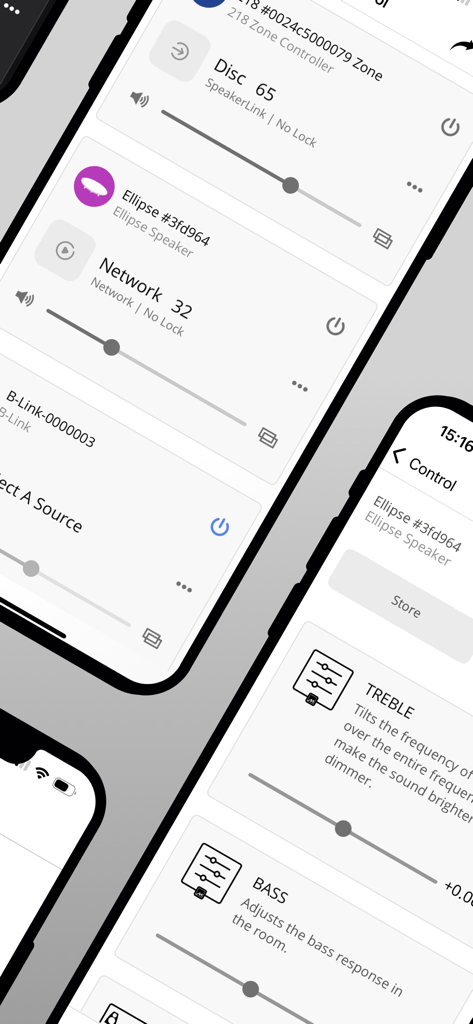 Meridian Control - Meridian Control app screenshots showing multi-room audio and tone adjustment controls.
